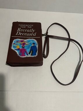 Novelty Crossbody Book Clutch - 'Handbook for the Recently Deceased' in Brown